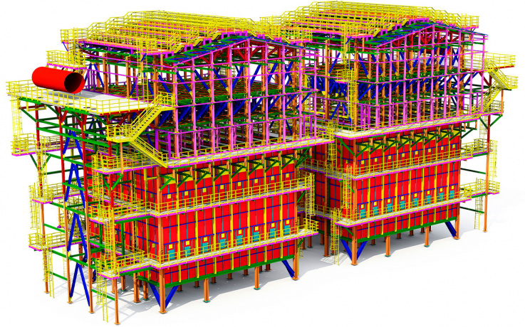 Detailed structural model with steel framing, platforms, stairs, and equipment
