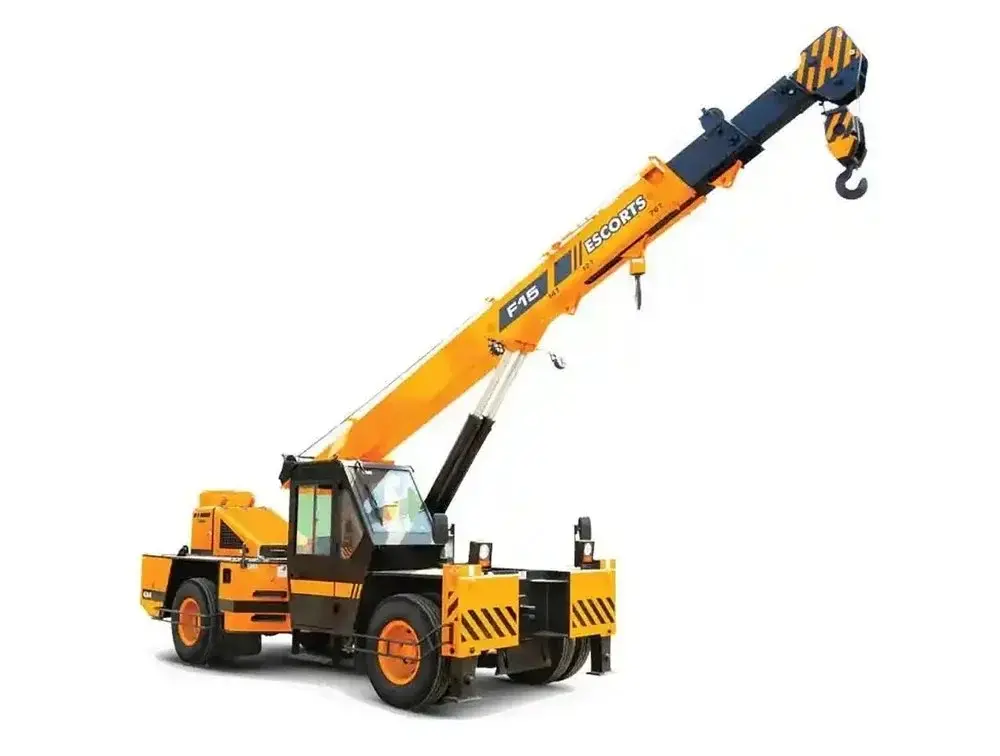 Yellow mobile crane with an extended lifting boom
