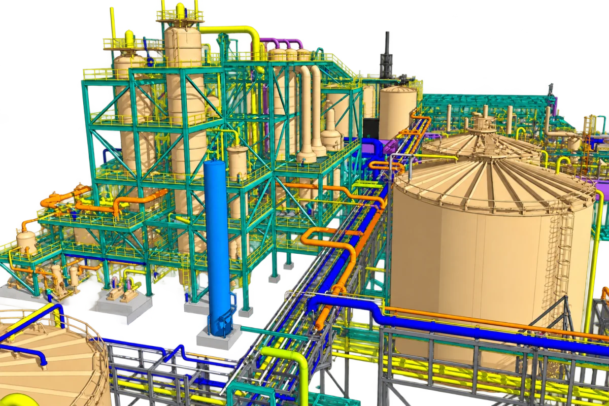 Recreated piping model with tan process tanks, teal steel framing and colour-coded industrial pipework