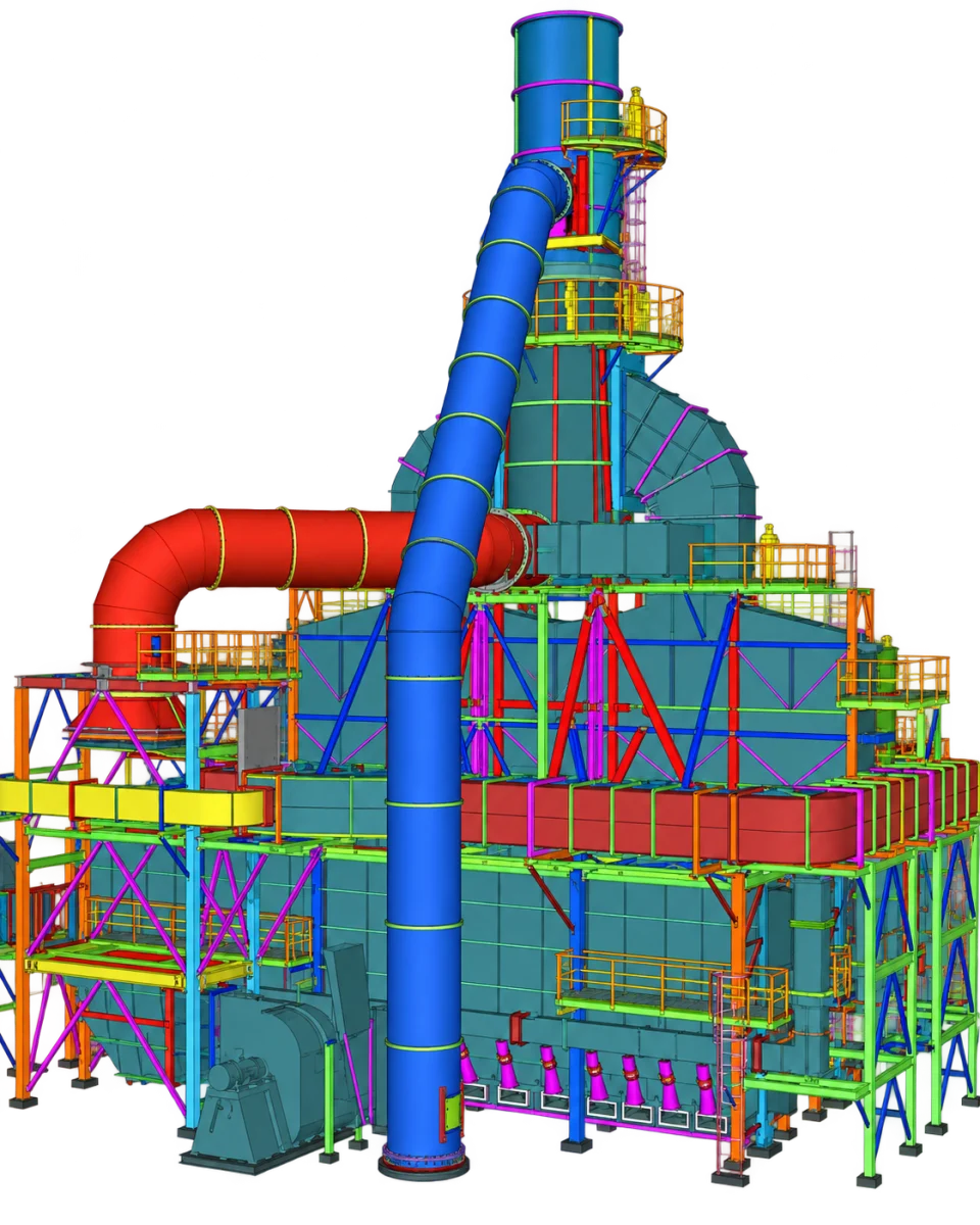 Recreated process equipment model with teal housings, a tall stack, blue and red ducts, and multilevel steel platforms