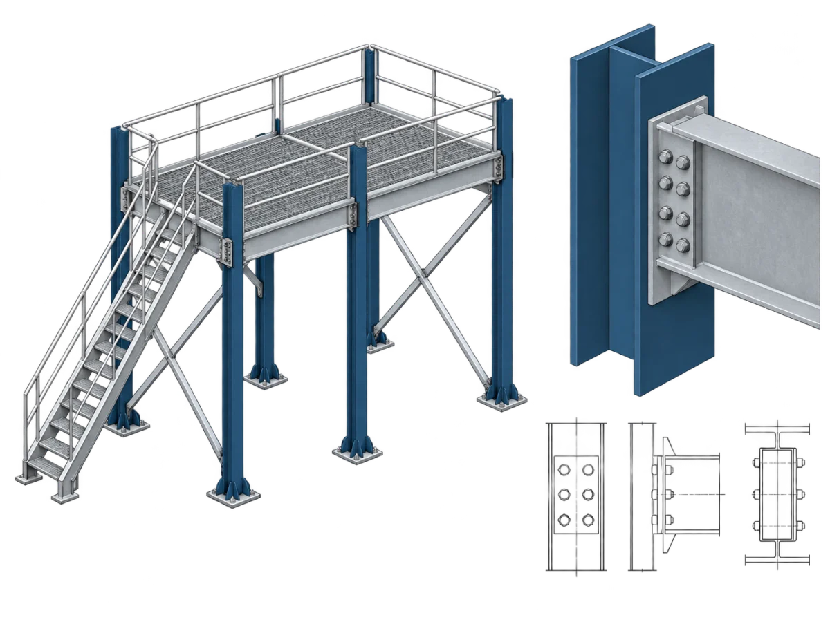 Illustration of an industrial steel platform with stairs, bracing and an enlarged bolted beam-to-column connection detail